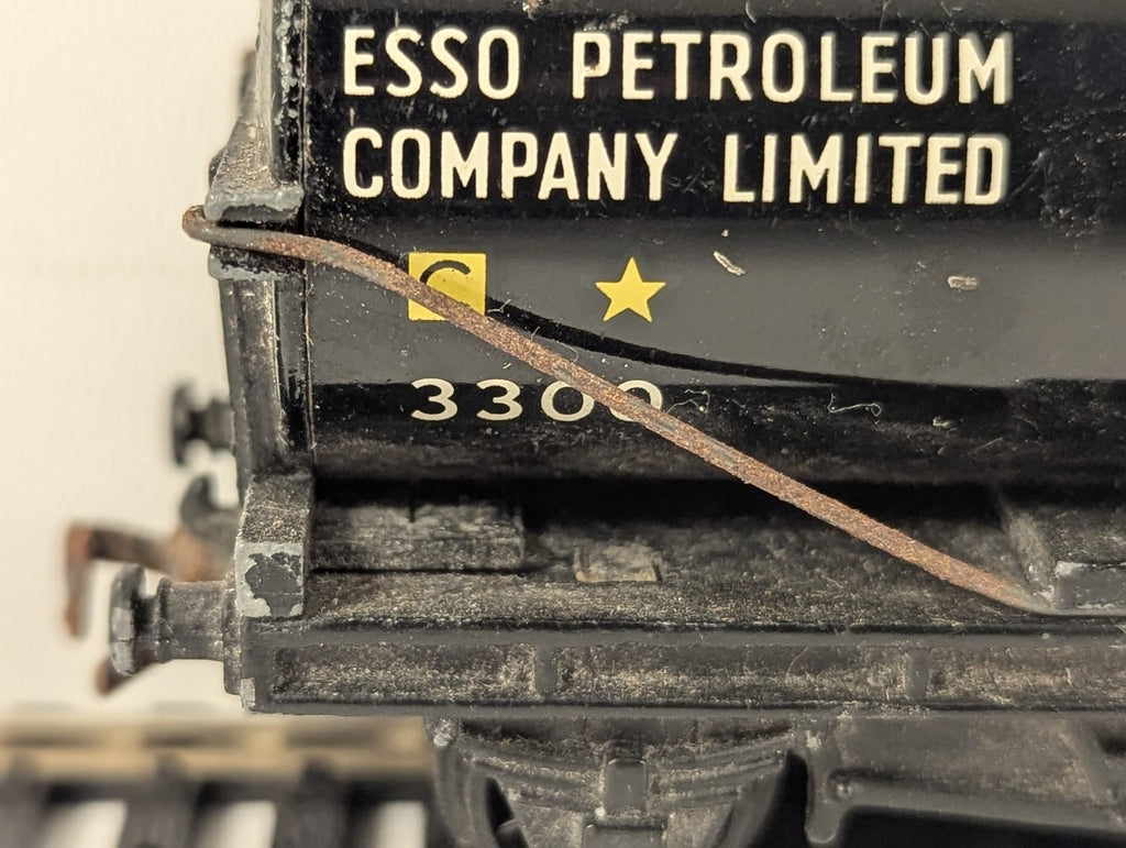Close up of Hornby Dublo OO Gauge Esso Petrol Tank Wagon 3300 showing Esso Petroleum Company Limited branding