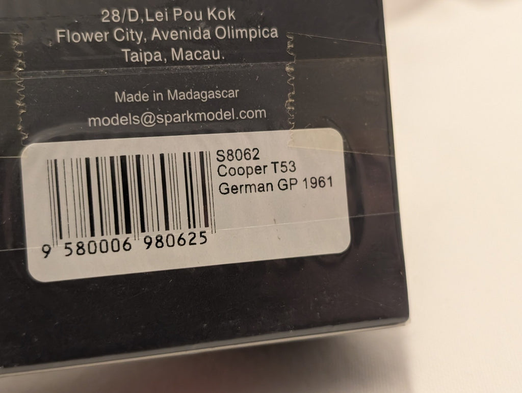 Spark 1:43 Cooper T53 German GP 1961 Ian Burgess Die-cast Car 30
