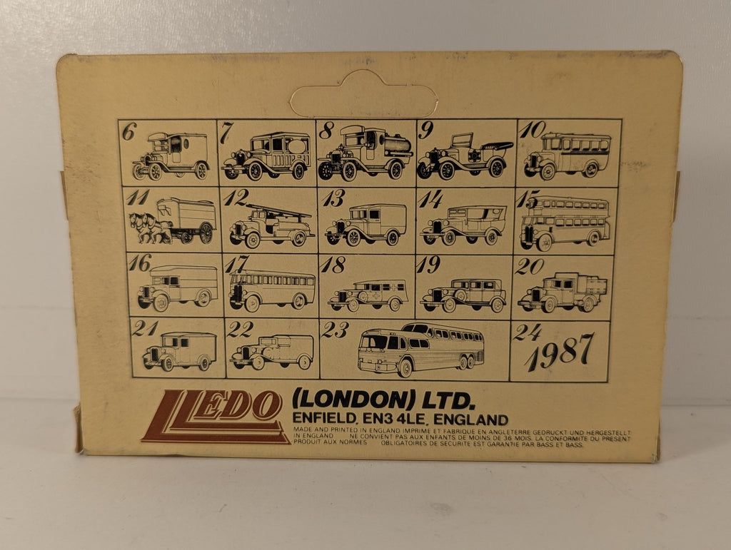 Back of Lledo die-cast model packaging showing a grid of various vintage vehicle illustrations