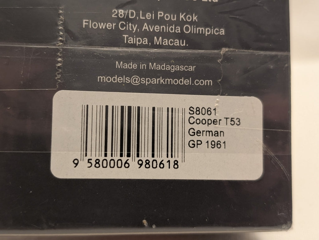 Spark 1:43 Cooper T53 German GP 1961 Bernard Collomb Die-cast Model Car 38