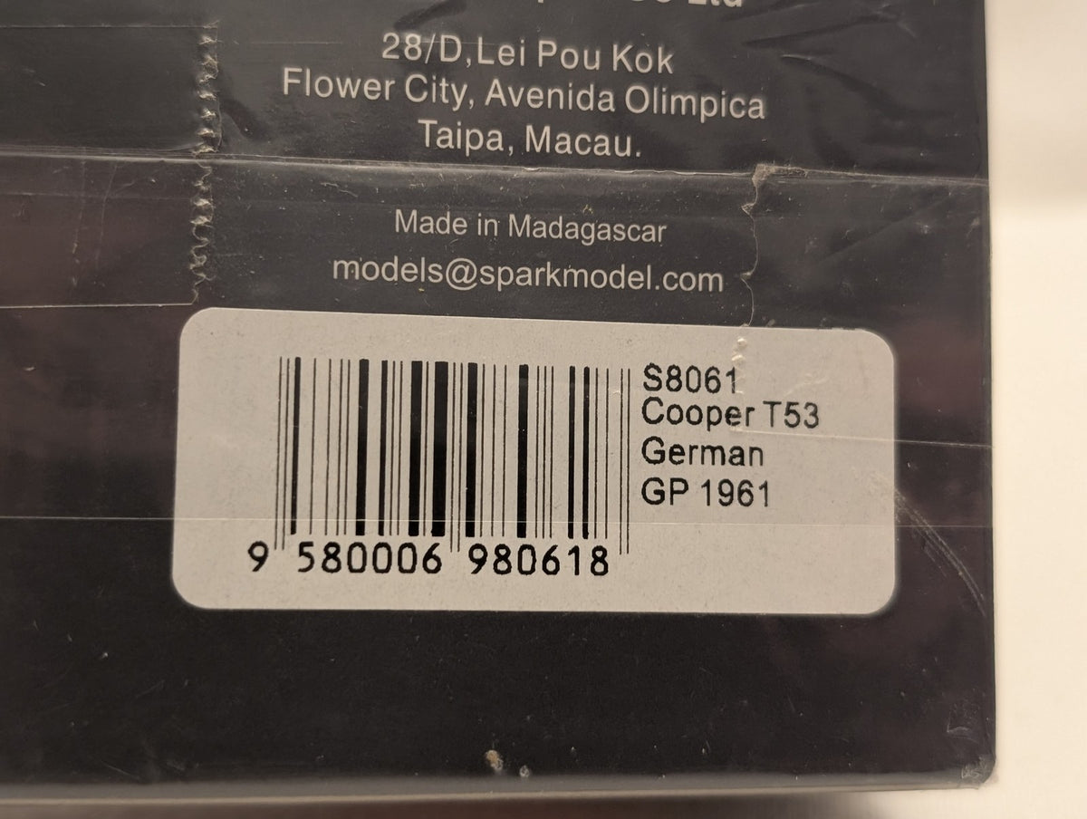 Spark 1:43 Cooper T53 German GP 1961 Bernard Collomb Die-cast Model Car 38