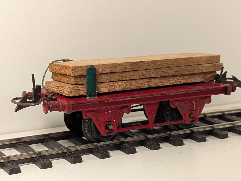 Hornby Meccano O Gauge Tinplate Flat Wagon with Timber Load