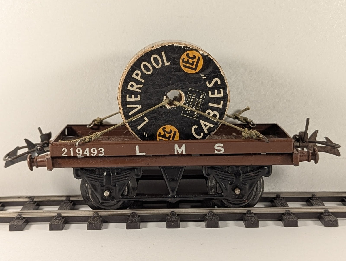 Hornby O Gauge Flat Truck with Cable Drum Freight Wagon 219493 LMS Brown R159