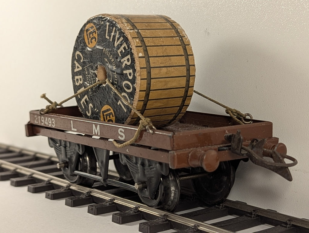 Hornby O Gauge Flat Truck with Cable Drum Freight Wagon 219493 LMS Brown R159