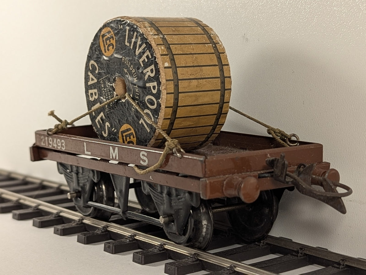 Hornby O Gauge Flat Truck with Cable Drum Freight Wagon 219493 LMS Brown R159