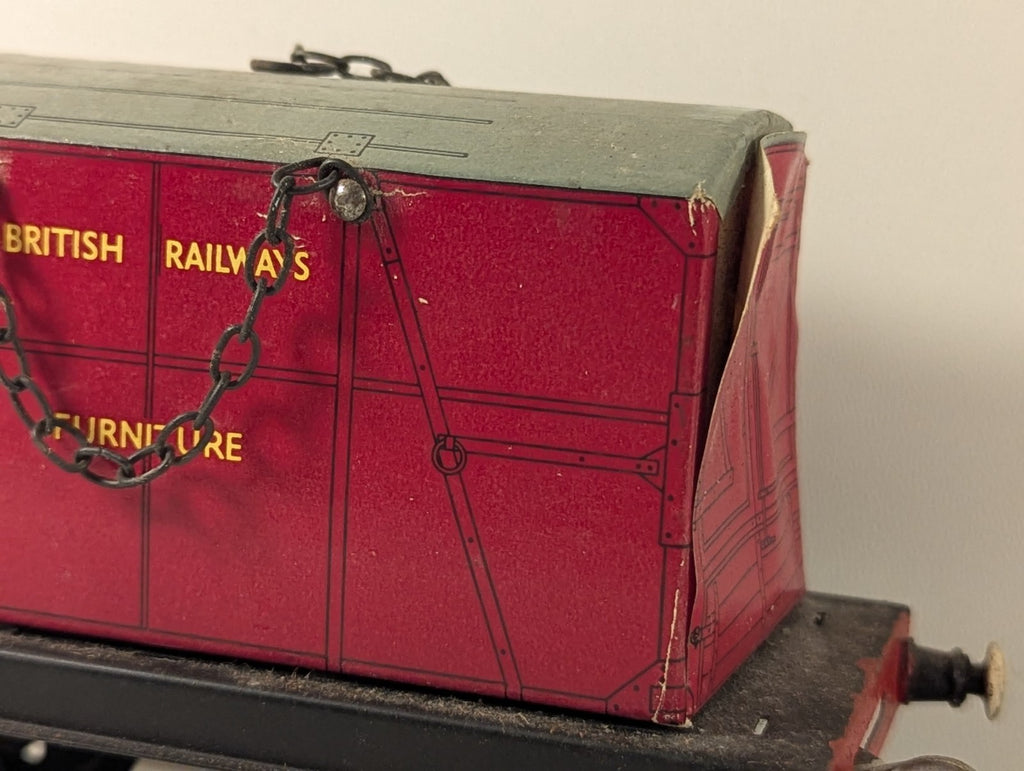 Hornby O Gauge Tinplate Flat Wagon with BR Furniture Container