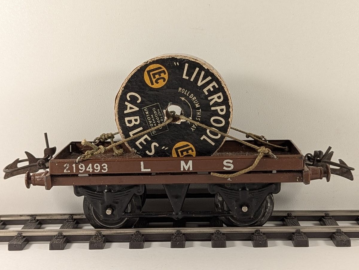 Hornby O Gauge Flat Truck with Cable Drum Freight Wagon 219493 LMS Brown R159
