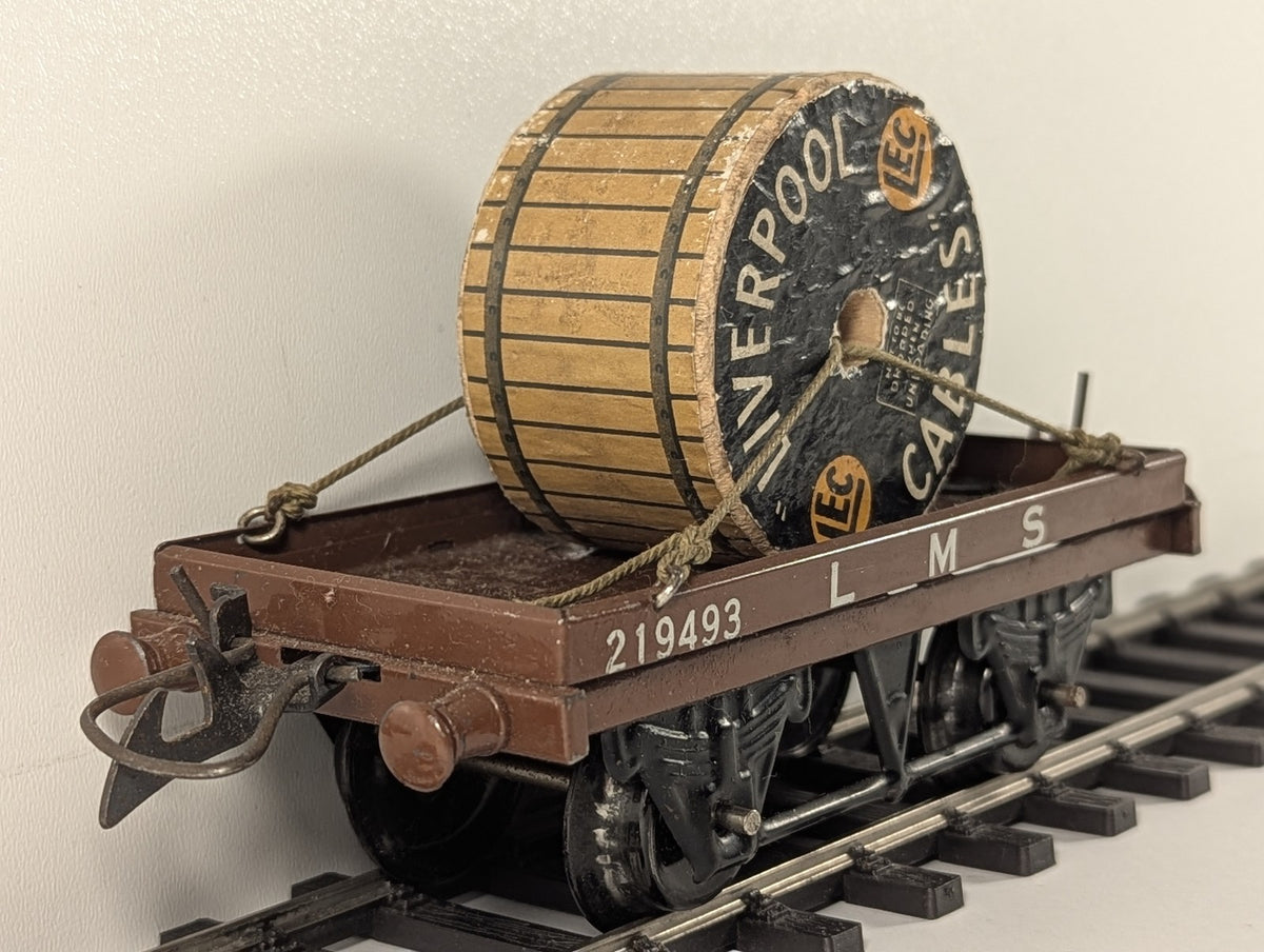 Hornby O Gauge Flat Truck with Cable Drum Freight Wagon 219493 LMS Brown R159