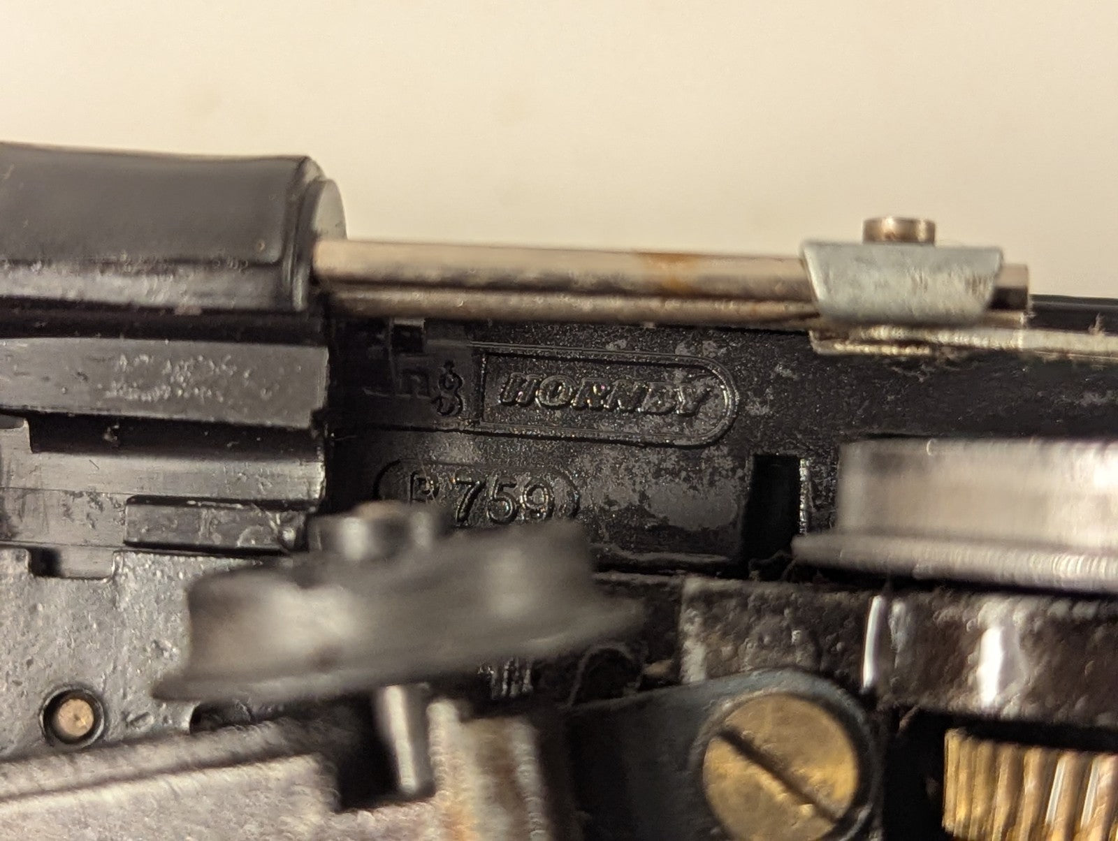 Hornby branding and model number P759 embossed on the chassis of the Hall Class Guild Hall locomotive