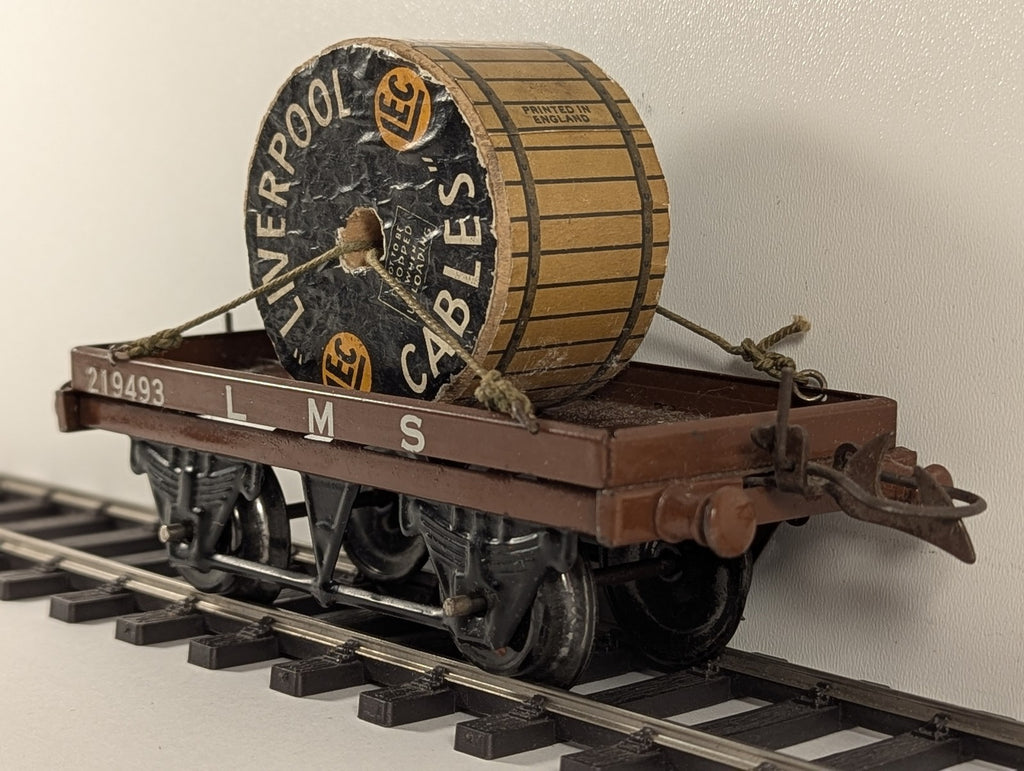 Hornby O Gauge Flat Truck with Cable Drum Freight Wagon 219493 LMS Brown R159