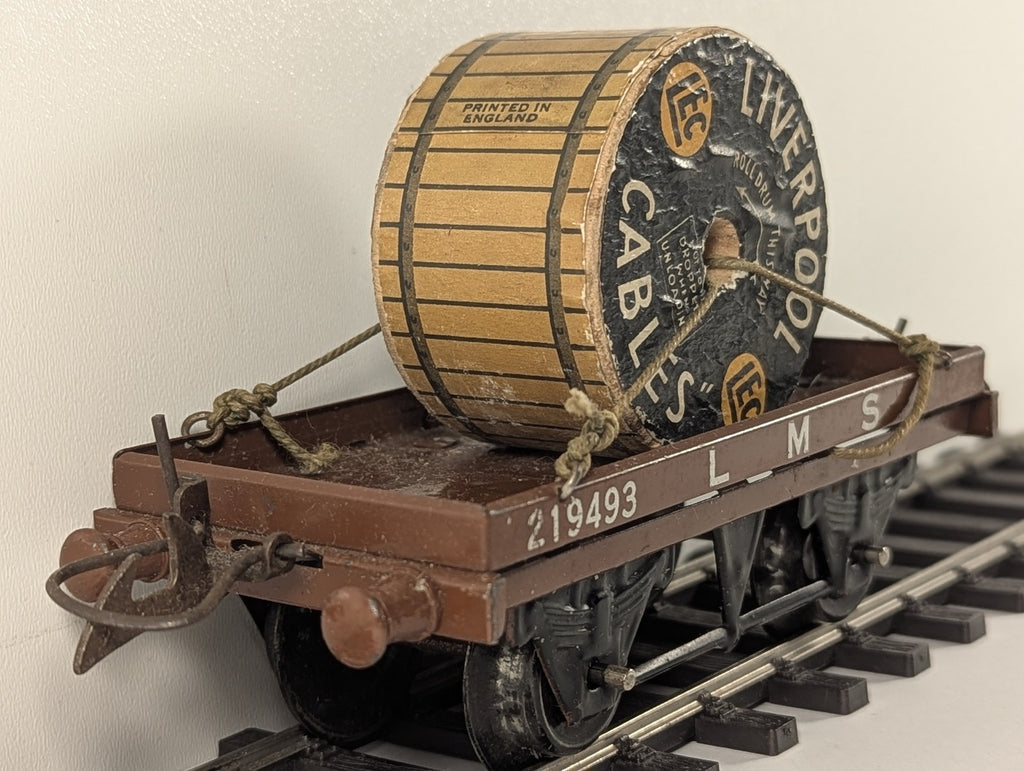 Hornby O Gauge Flat Truck with Cable Drum Freight Wagon 219493 LMS Brown R159
