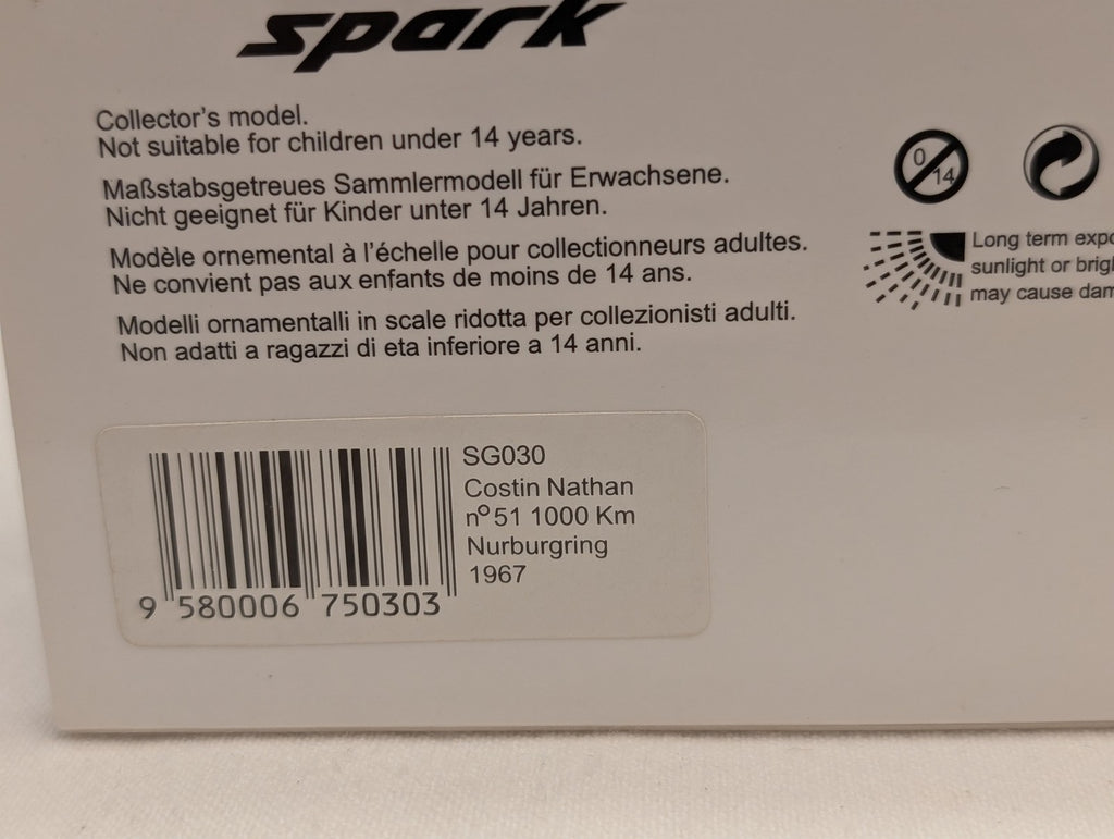 Spark 1:43 Costin Nathan n°51 1000 Km Nurburgring 1967 Die-cast Car Blue SG030