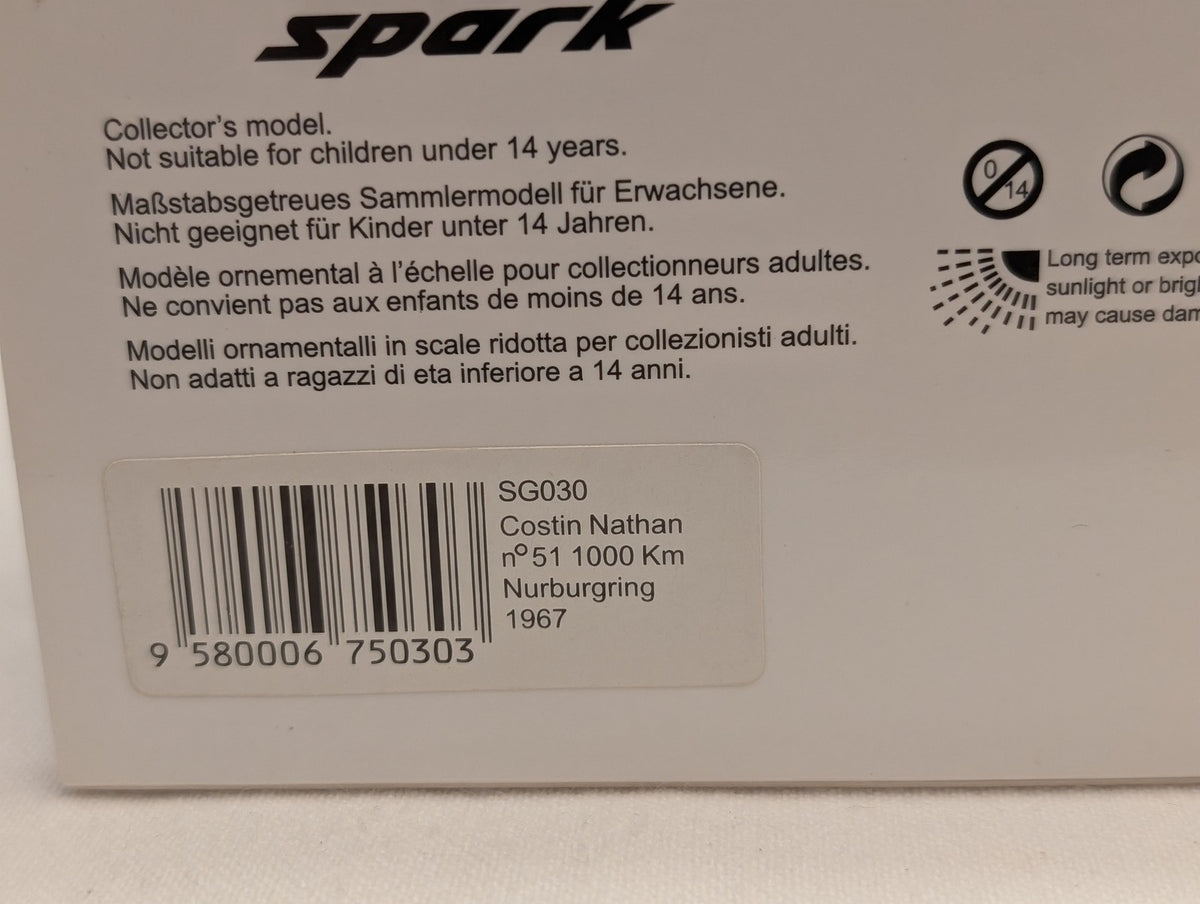 Spark 1:43 Costin Nathan n°51 1000 Km Nurburgring 1967 Die-cast Car Blue SG030