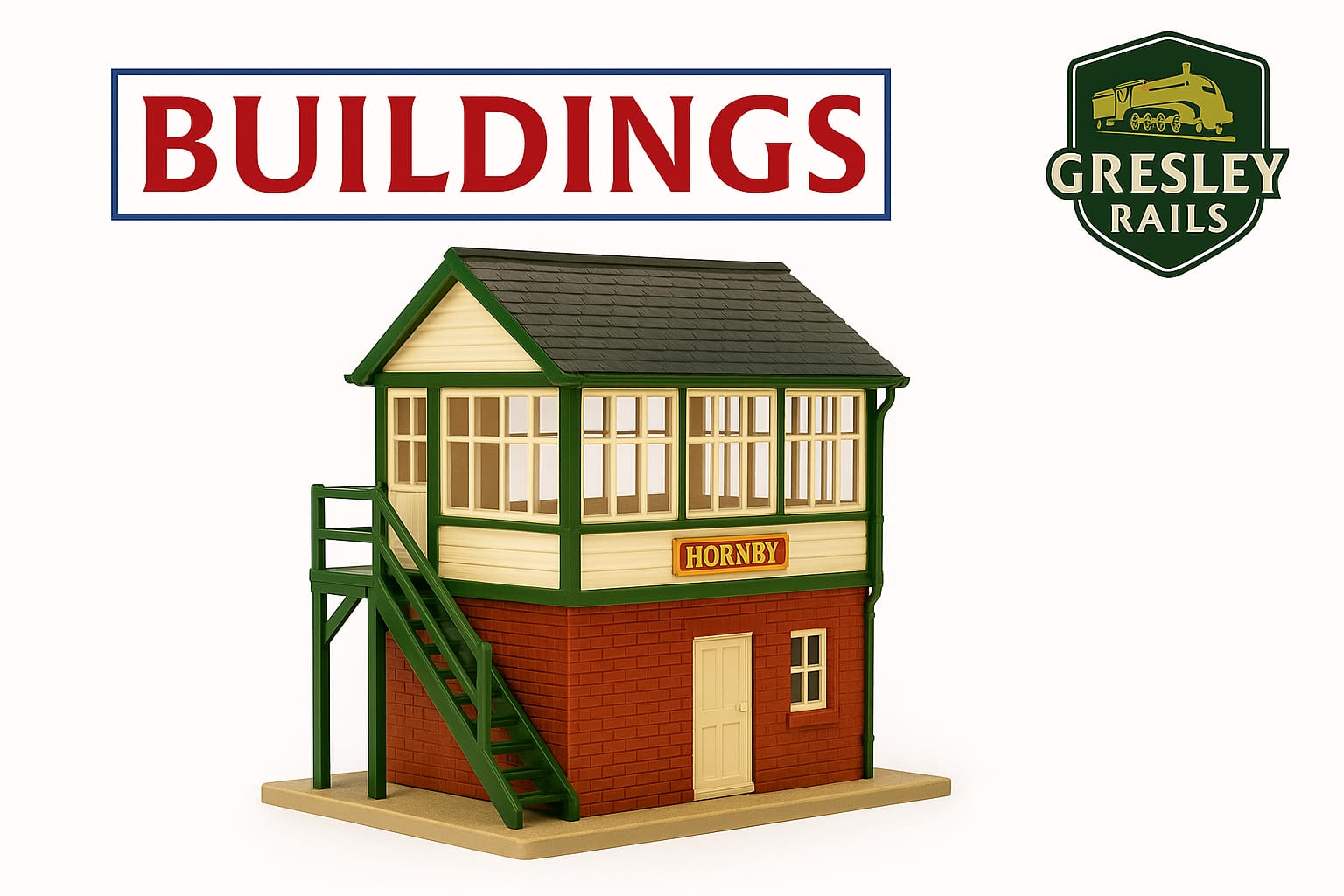 Hornby Skaledale Signal Box model with red brick base, cream upper, green trim, and dark roof