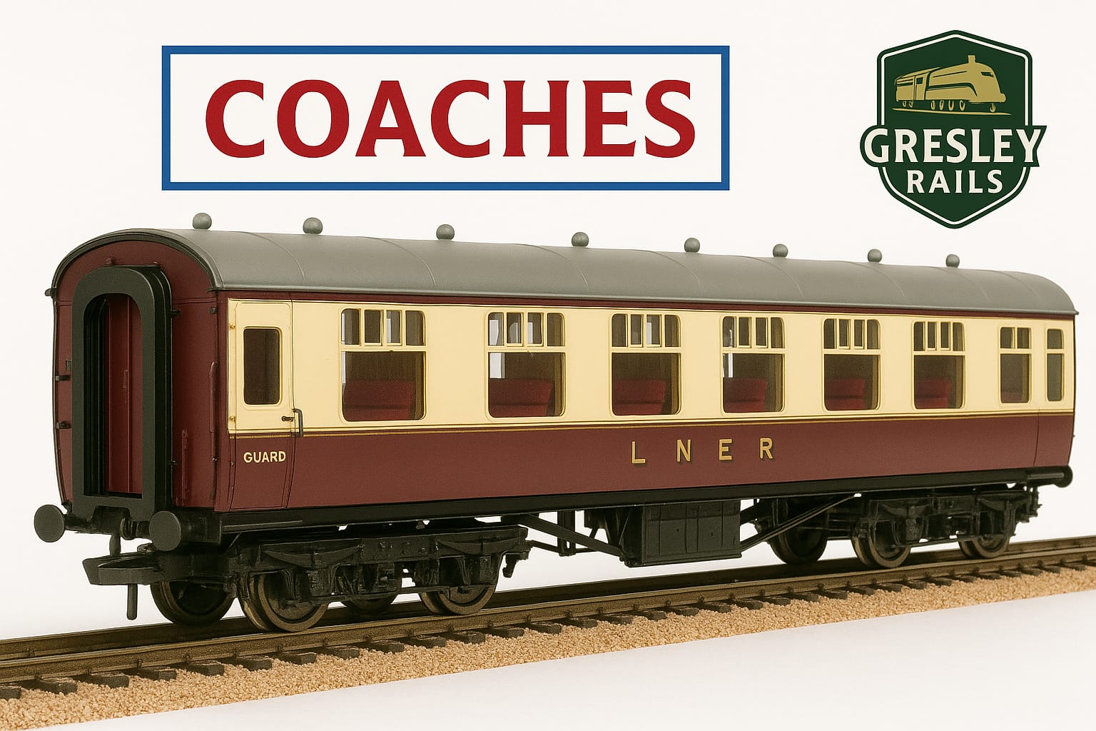 LNER model railway coach in maroon and cream, with the word COACHES in red above it