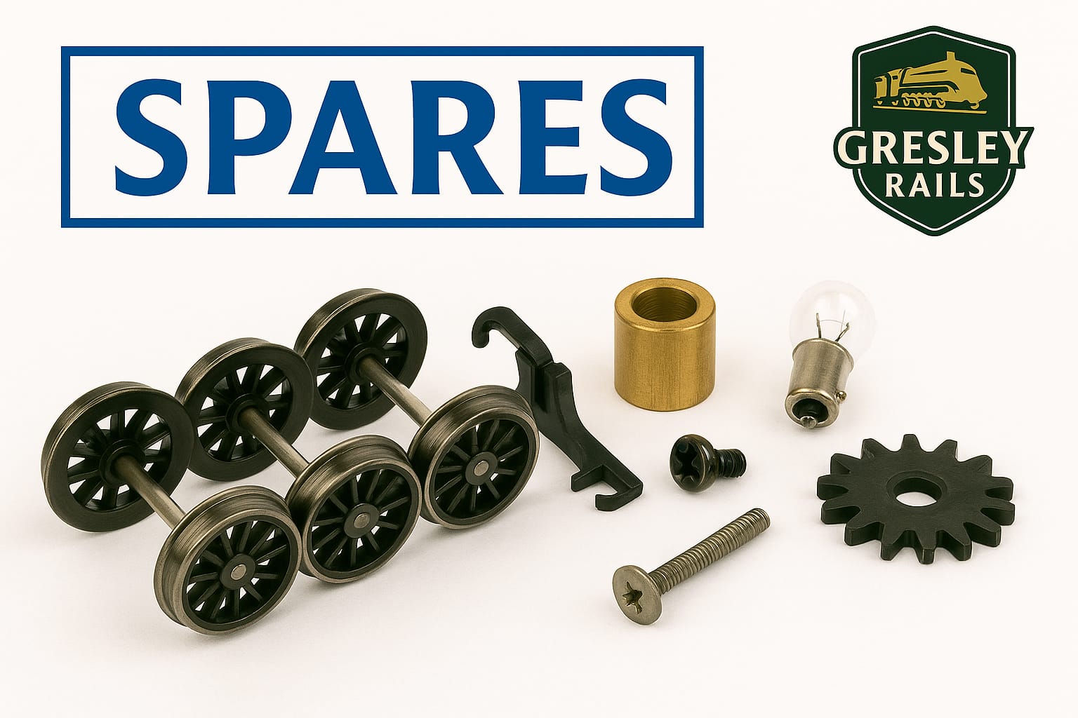 Gresley Rails spares including wheels, a lightbulb, screws, and other parts