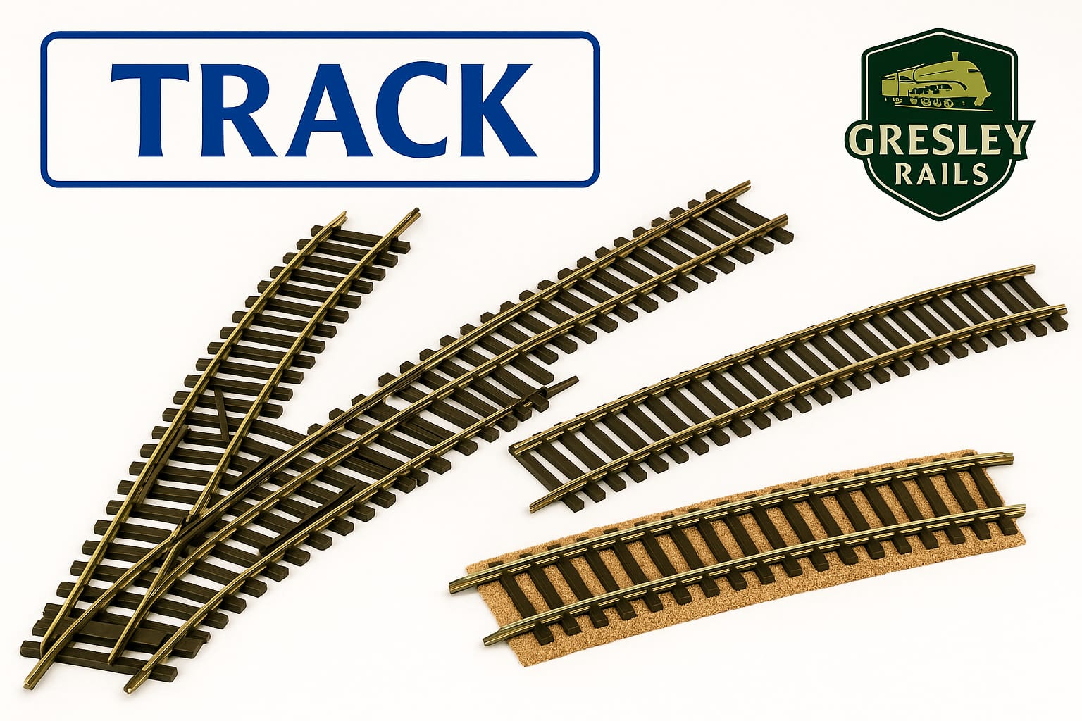 Gresley Rails Track with various model railway track sections and a brand logo
