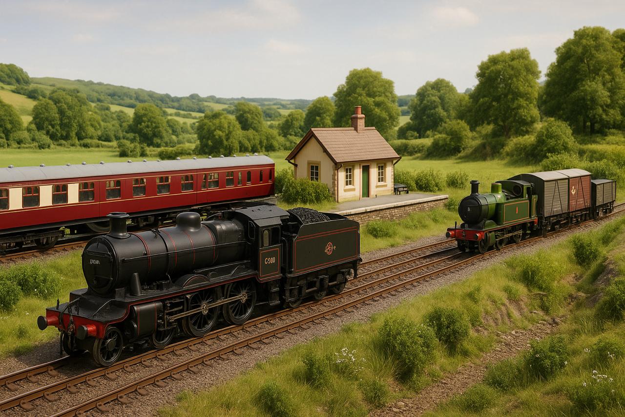 Two steam locomotives on a railway track with a countryside setting.