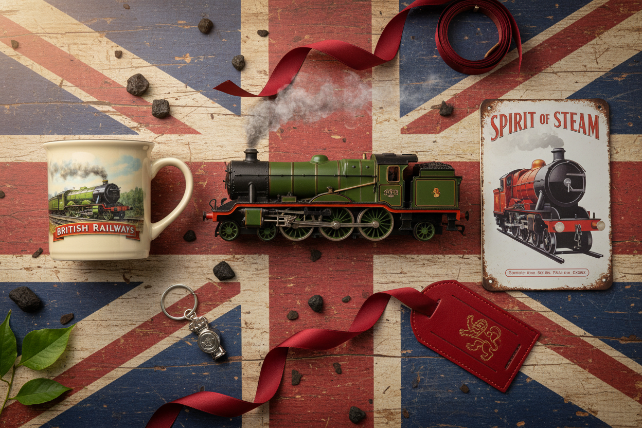 British Railways mug, green train model, Spirit of Steam sign, and red luggage tag on Union Jack