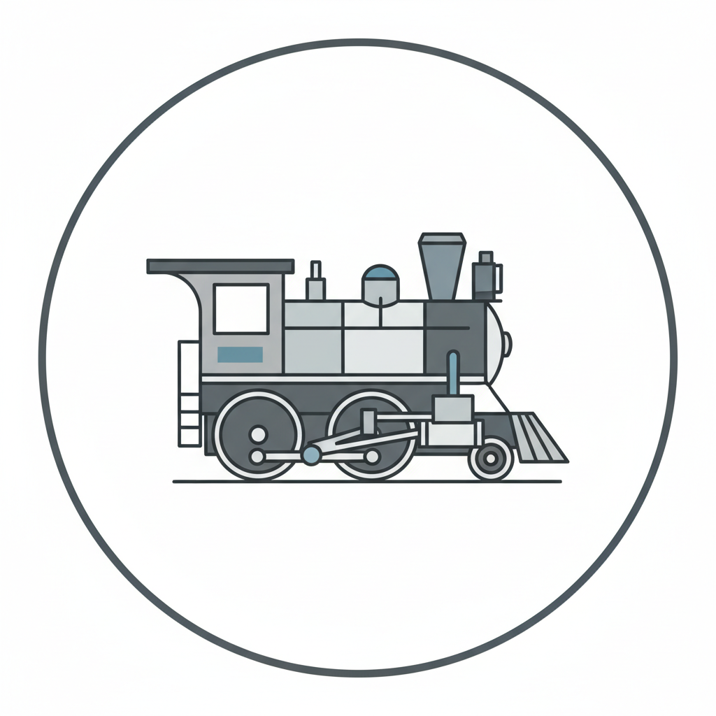 Outline drawing of a steam locomotive in shades of grey and blue, inside a dark grey circle
