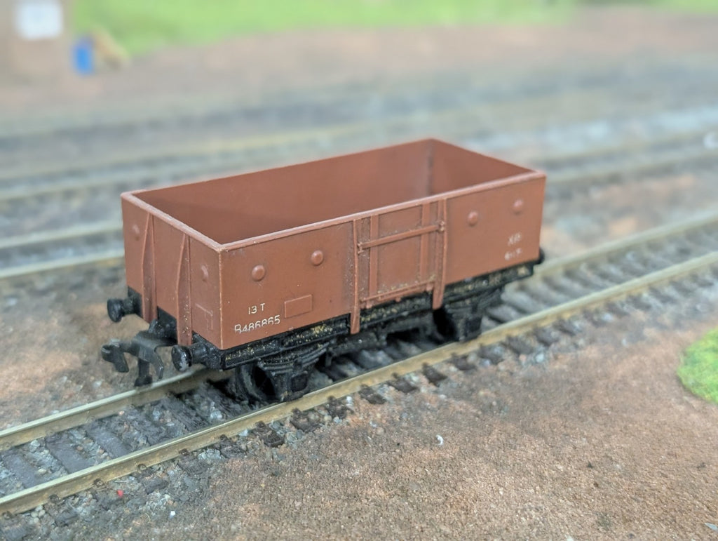 Hornby Dublo 4640 OO gauge brown steel goods wagon on model railway tracks