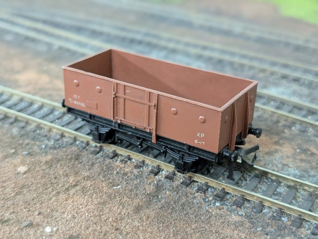 Hornby Dublo 4640 OO gauge brown steel goods wagon on model railway tracks